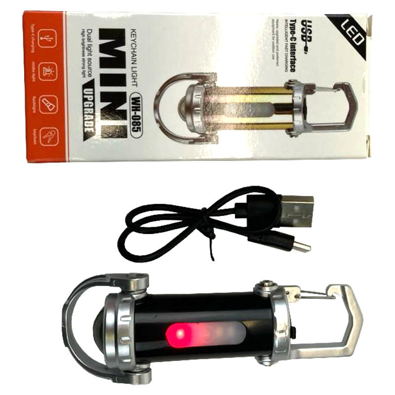 заряжаемый светодиодный фонарик-брелок с карабином, с USB и Type-C кабелем 9 см